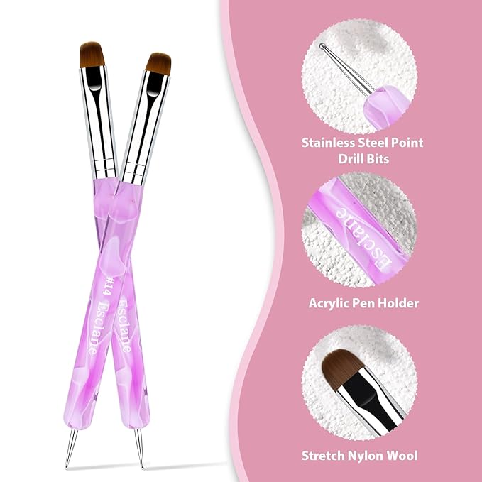 French Manicure Brush, Esclane 2 Way French Nail Brush with Dotting Tool for Manicure Cuticle Clean Up Nail Art Design, French Tip Brush(Purple, #12)