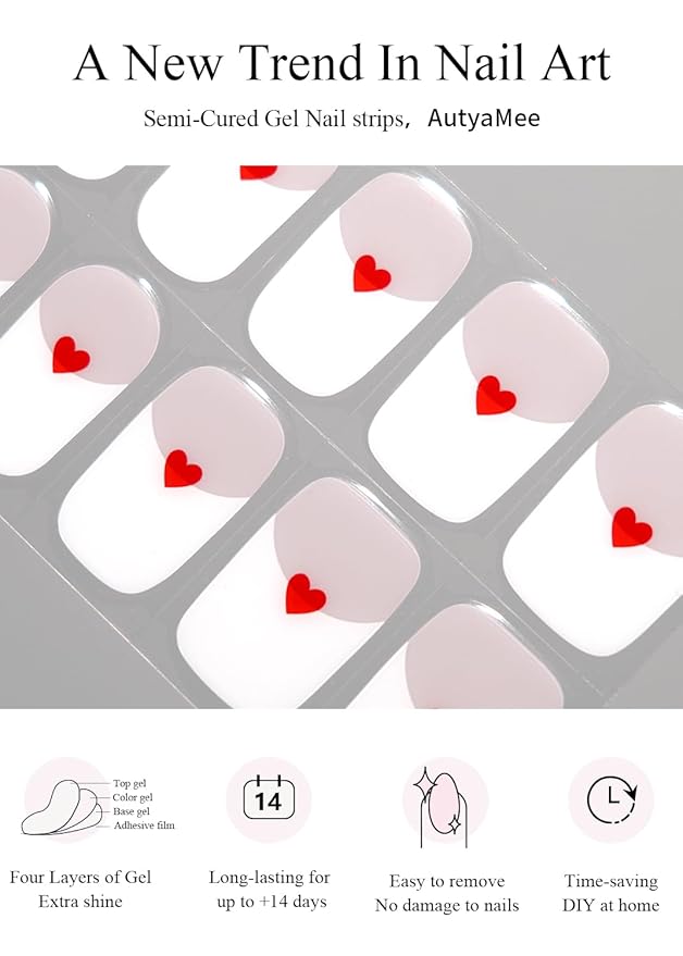 Semi Cured Gel Nail Strips (A White French Love), Red Love, 20 Pcs Gel Nail Wraps, Stickers, UV Light Required, Salon Quality, Long Lasting