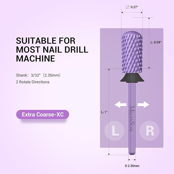 MelodySusie Safety Nail Drill Bits, 3/32'' Smooth Round Top Large Barrel Carbide Bits, Suitable for Manicure Pedicure Cuticle Gel Polishing, Beginners Bits, Purple, Series Bit-S, XC