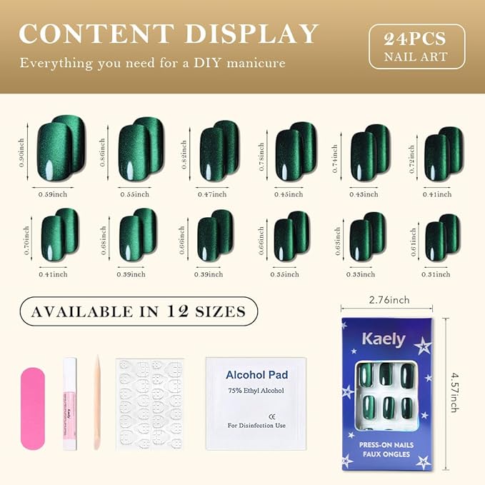 Green Cat Eye Press on Nails Medium Square, Medium Square Press Glue on Nails Chrome for Women Gift, Green Holographic Glitter Glossy Reusable Soft Gel Acrylic Fake Nail with Designs Cateye Effect