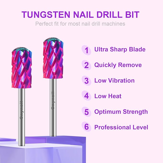 3/32" 2PCS Large Barrel Smooth Round Top Tungsten Carbide Nail Drill Bit Safety Bit for Gel & Acrylic Removal, Right Way Rotating Efile Tip, Salon Electric File Accessory (5XC Grit, Purple)