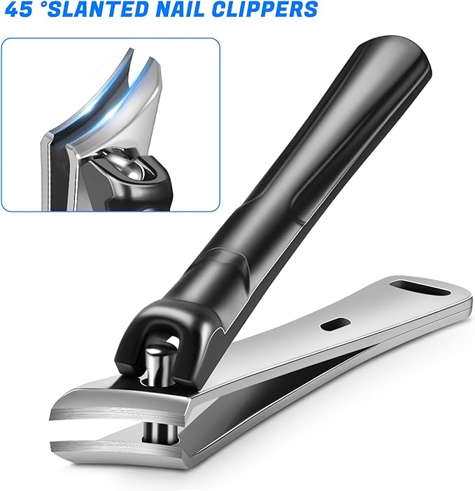 Toenail Clippers for Thick Toenails, Angled Head Toe Nail Clippers with Catcher, Heavy Duty 45° Slanted Toenail Clippers, 37mm Wide Jaw Nail Clippers with Long Handle, 6PCS