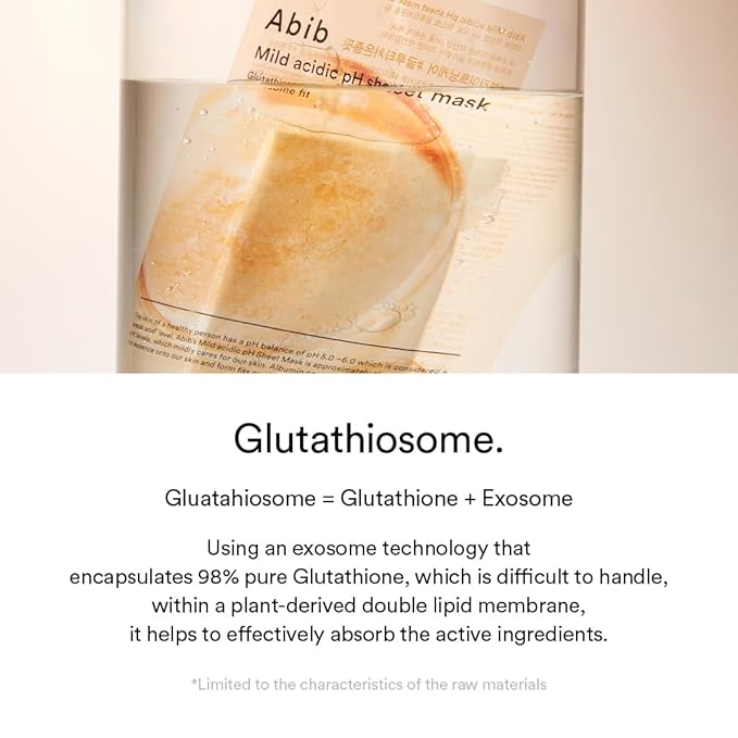 Abib Mild acidic pH sheet mask Glutathiosome fit (10 Sheets) | Face Mask for Glass Glow Skin, Glutathione and Niacinamide, Improves Dark Spots & Revitalize Dull Skin, Korean Skin Care