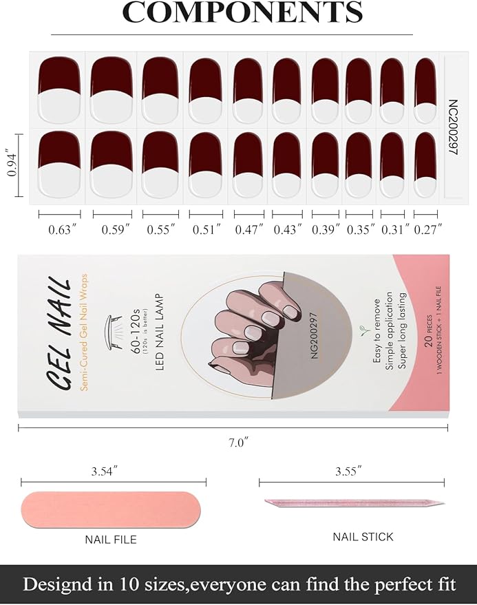 EBANKU 20Pcs Semi-Cured Gel Nail Strips, Dark Red French Nail Sticker, Lasting Waterproof Full Wraps Stickers for Salon Manicures, Perfect for Women, Girl with File and Stick