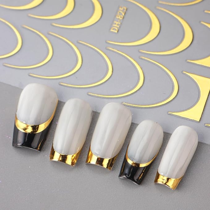 8 Sheets Gold Silver French Stripe Line Nail Stickers, 3D Self-Adhesive Decals with Gold Silver Geometric Waved Curve Lines Design for Elegant French Tips and DIY Manicure Decoration