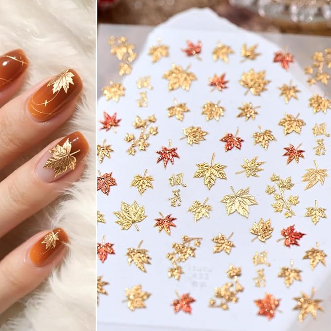 2 Sheets Fall Nail Stickers Maple 5D Embossed Leaves for Thanksgiving Day Nail Art Self-Adhesive Autumn Nails Decoration Glitter Gold Maple Leaf Nail Decals DIY for Women