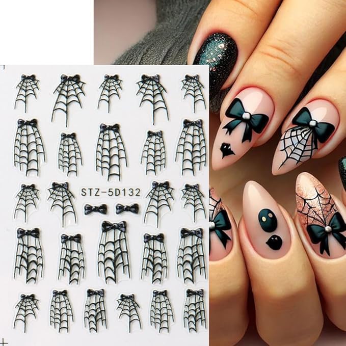 5D Halloween Nail Stickers Spider Web Nail Art Stickers Spider Bow Nail Decals Self Adhesive 3D Nail Design Sticker Cobweb Nails Decorations for Women Girls Manicure Accessories Supplies 2Pcs