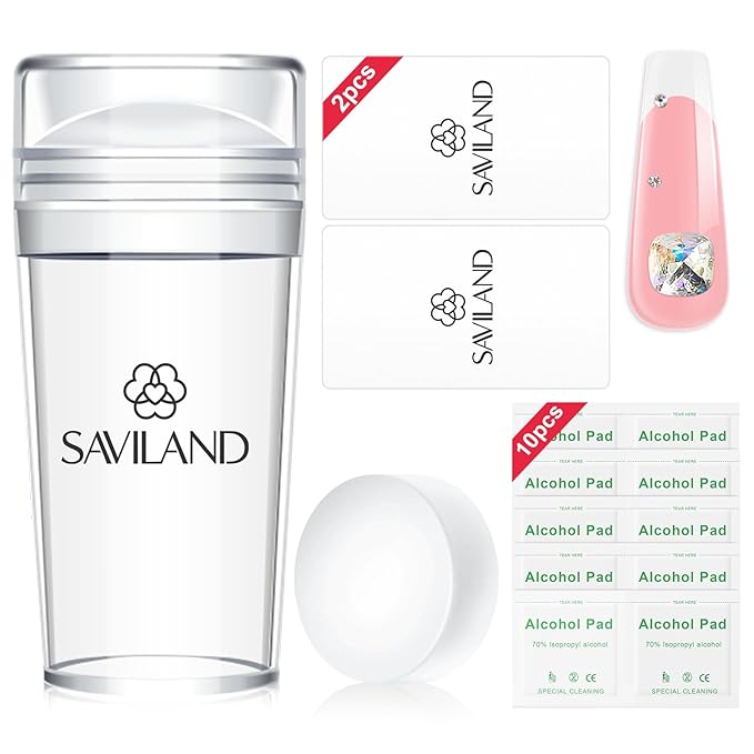 Saviland French Tip Stamp: 14PCS French Tip Tool with Replaceable Nail Stamp Head, Clear Silicone Nail Stamper with Scrapers for French Manicure Home DIY Nails Art Salon