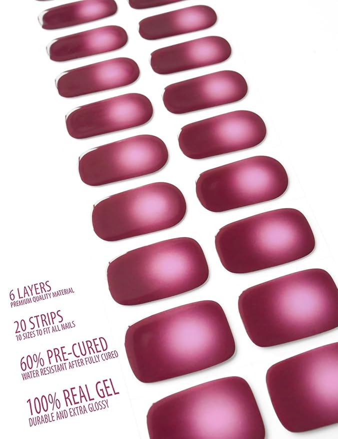 Semi Cured Gel Nail Strips, 20 pcs Nail Wraps, Glaze Stickers, Salon Quality French Manicure, Decal Gel Polish Strips, Long Lasting SCG, UV Lamp Required (Berry Blush)