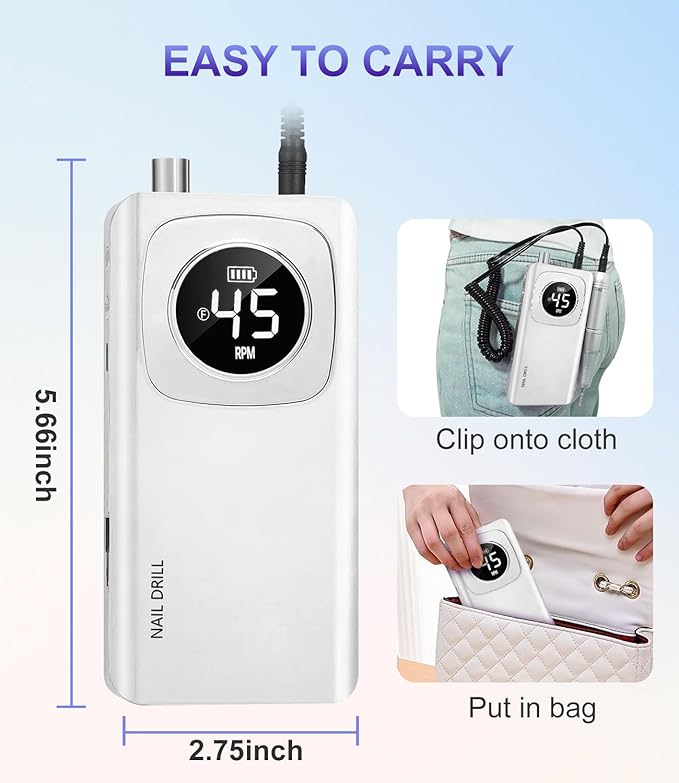 Portable Nail Drill Professional 45000 RPM, Rechargeable Electric Nail File Machine E File for Acrylic Gel Polishing Removing, Cordless E-File with Bits Kit for Manicure Salon Home