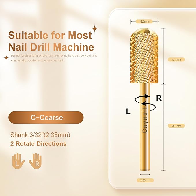3/32" Large Barrel Smooth Round Top Tungsten Carbide Nail Drill Bit Safety Bit for Gel & Acrylic Removal, 2-Way Rotating Efile Tip, Salon Electric File Accessory (C Grit, Gold)