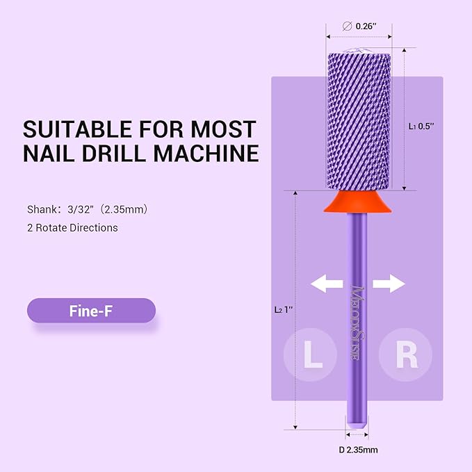 MelodySusie Large Barrel 3/32'' Tungsten Carbide Nail Drill Bit, Crystal Top Purple Heart Shape, Fast Remove Acrylic Gel, Cuticle Gel Polishing for Manicure Pedicure, Purple, Series Bit-S, Fine