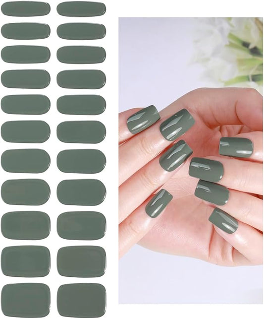 No Lamp Gel Nail Strips 22 Pcs Wraps - Green, Solid, Easy Apply Gel Nail Stickers Long Lasting, Salon-Quality, 2 Prep Pads, 1 File, 1 Wooden Stick