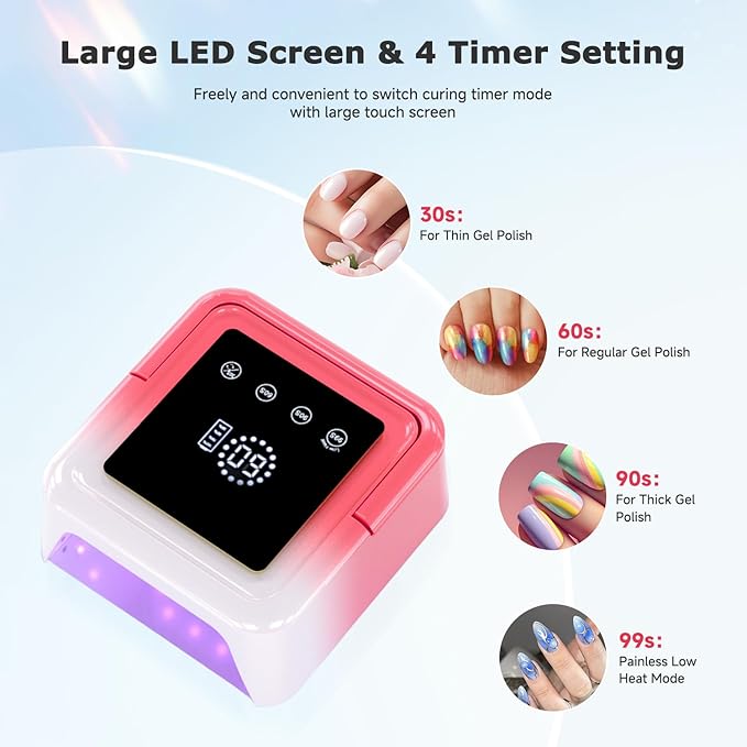 Cordless UV LED Nail Lamp, 108W Rechargeable Nail Light with 36 Beads, Built-in Large Touch Display Gel Nail Lamp for Easy to Use, Nail UV Light with Auto Sensor & 4-Timer Modes for Home & Salon