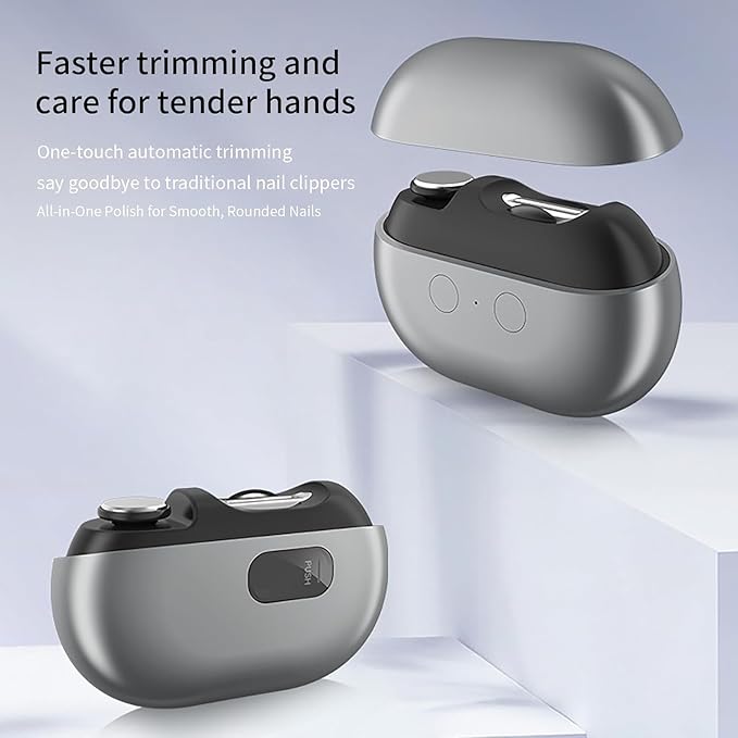 3-in-1 Electric Nail Clipper with Polishing & Nail Catcher - Automatic Nail Trimmer for Kids, Adults & Seniors - 2-Speed Adjustable, Type-C Charging, Portable & Easy to Use (Grey)