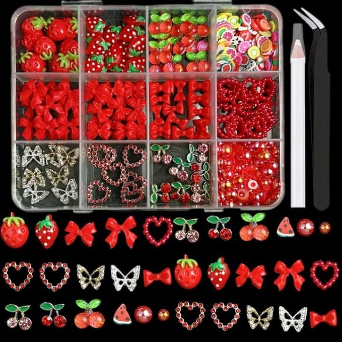 3D Red Bow Nail Charms, Flatback Pearl Charms Resin Strawberry Nails Bows Fruit Charms for Nails, Alloy Cherry Butterfly Nail Art Jewels for Women DIY Accessories