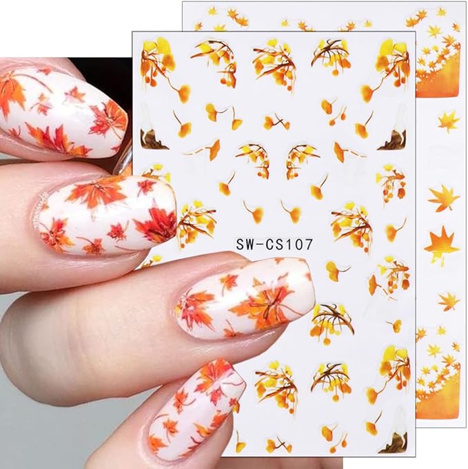 6 Sheets Fall Maple Leaf Nail Stickers Thanksgiving Nail Art Stickers 3D Self-Adhesive Gold Maple Leaves Nail Decals Autumn Fallen Leaves Ginkgo Leaf Nail Decoration for Women Girls Nail Art Designs