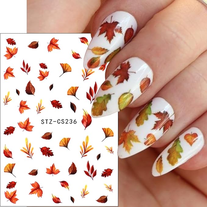 6 Sheets Fall Nail Art Stickers Thanksgiving Day Nails Decals 3D Self Adhesive Maple Leaf Nail Stickers Cute Fox Pumpkin Maple Leaves Design Fall Nails Supplies for Women Autumn DIY Manicure Decor