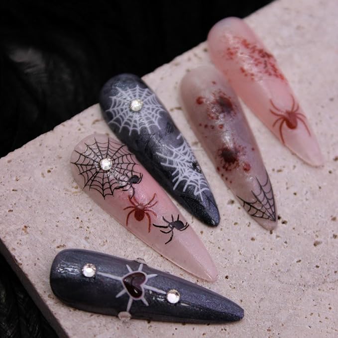 Halloween Nail Art Stickers Spider Nail Stickers Spider Web and Spiders Heart Design Self Adhesive Nail Decals Holiday Nail Decorations Acrylic DIY Manicure Supplies for Women 6 Sheets
