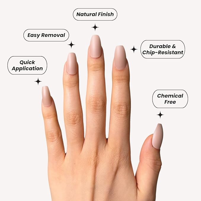Perfect Look Press On Nails - Bare Blush | No Glue One-Day Short Coffin Nails, Matte Nude Fake Nails with Natural Finish - 24 Pcs Nail Kit with Adhesive Tabs