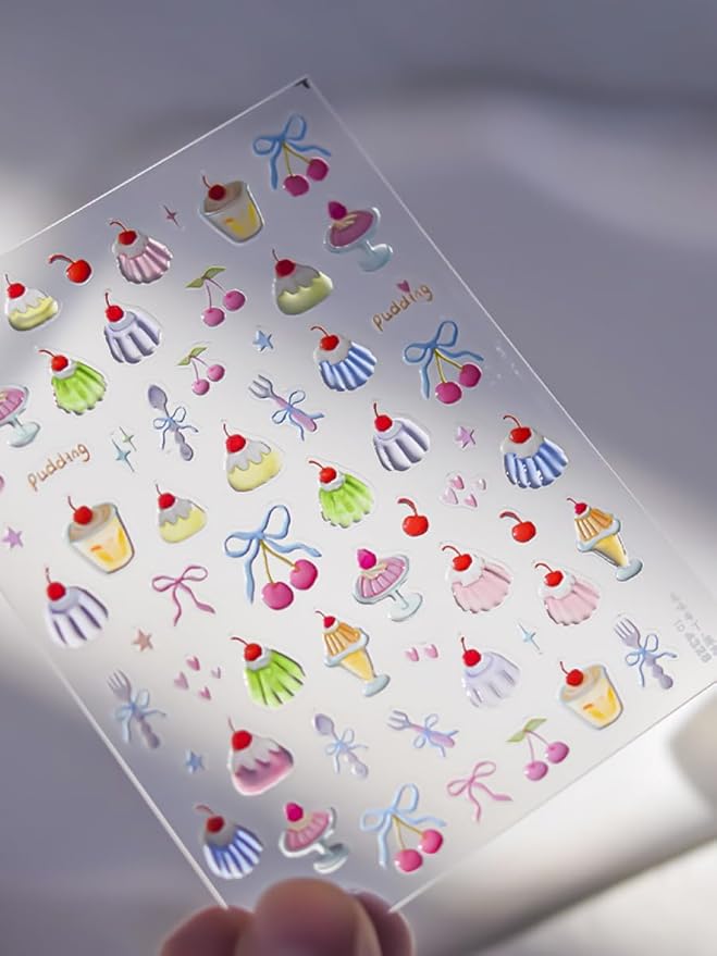 Sweet Desserts Nail Stickers 5D Embossed – Premium Salon-Quality Nail Charm Accessories, Easy Application & Self-Adhesive Cherry Cake Bowknot for DIY Manicure, Nail Art, Press on, Home or Salon Use