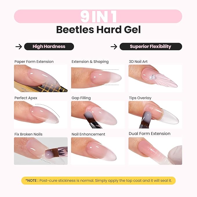 Beetles Hard Gel for Nails Kit,3 Colors 9 in 1 Clear Nude Glitter Sculpted Gel Nail Extension Sculpting High Hardness for Salon Professionals Women,Nude Pink & Clear Builder Nail Gel UV & LED Cured