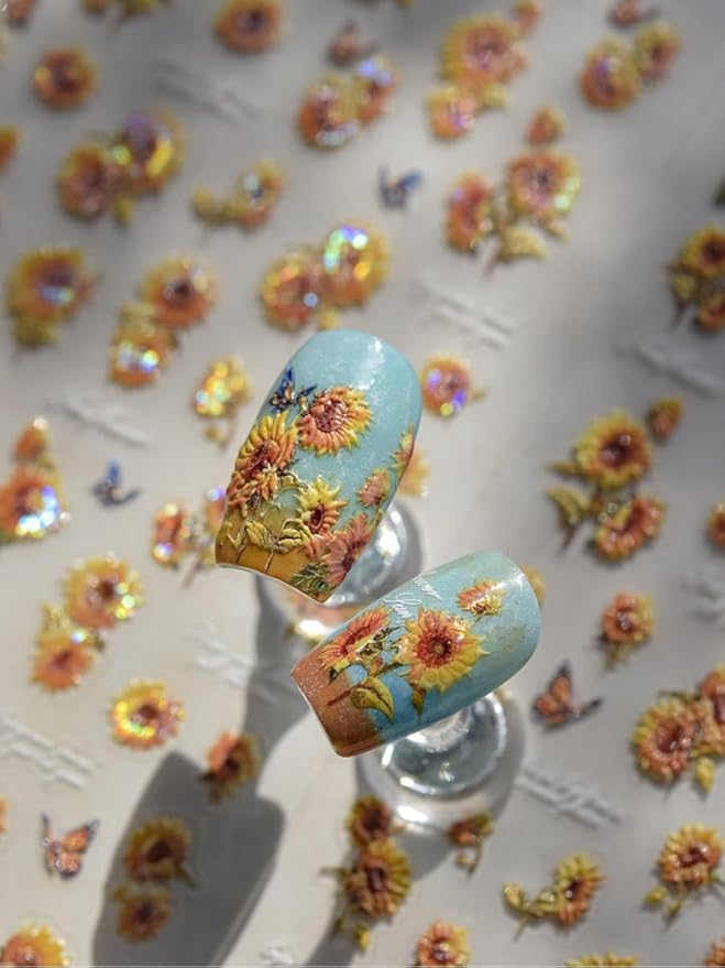 Sunflowers Nail Stickers 5D Embossed – Premium Salon-Quality Charm Accessories, Easy Application & Self-Adhesive Blooming Floral Sunflower Sticker, DIY Manicure, Art, Press on, Home or Salon