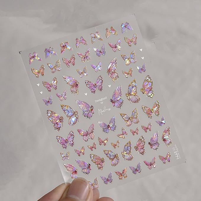 Butterfly Nail Art Stickers 5D Embossed Pink Butterfly Nail Decals Glitter Aurora Butterfly Nail Pattern Self-Adhesive Nail Art Supplies Butterfly Nail Stickers for Women Manicure DIY Nail Decoration
