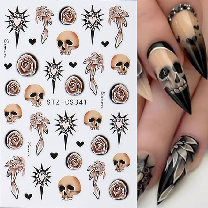 Halloween Nail Art Stickers Decals 3D Skull Mushroom Ghost Halloween Nail Stickers 6PCS Rose Flowers Love Heart Leaf Design3D Self-Adhesive Nail Decals Manicure Supply for Holiday Nail Art Decorations