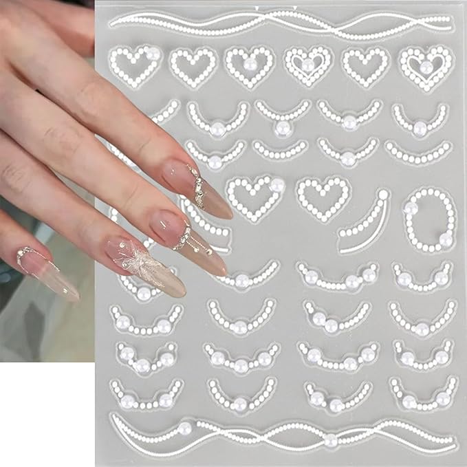 2 Sheets 5D Embossed Nail Art Stickers for French Line Design Silver White Glitter Pearl Rhinestones Nail Decals Heart Waves Nail Design Stickers Grace Cute Nail Decor for Women Manicure Supplies