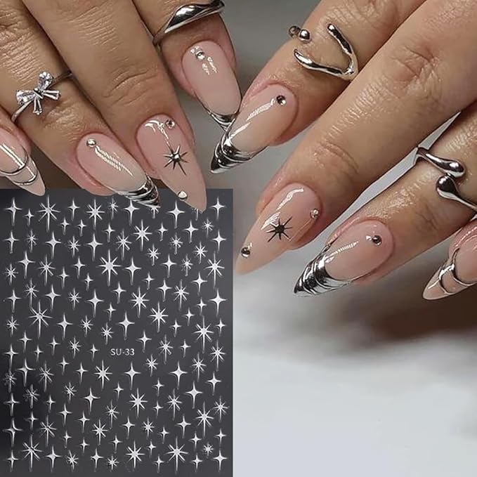 4 Sheets Starlight Star Nail Stickers 3D Glitter Shiny Purple Gold Silver Laser Stars Nail Art Designs Self-Adhesive Nail Decals for Women Girls DIY Manicure Decoration Supplies