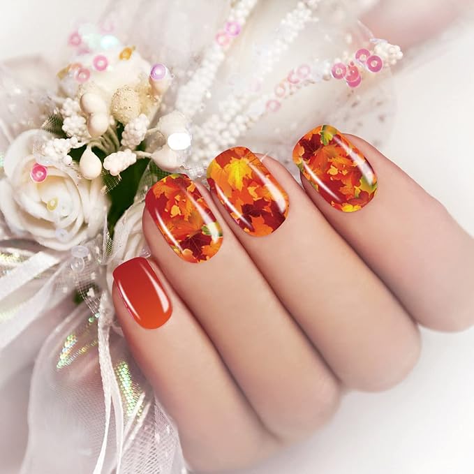 224 Pieces 16 Sheets Women's Nail Wraps Christmas Nail Polish Strips Stickers for Nails Self Adhesive Maple Leaf Fall Nail Wraps Fingernail Stickers with Nail File for Women Girls
