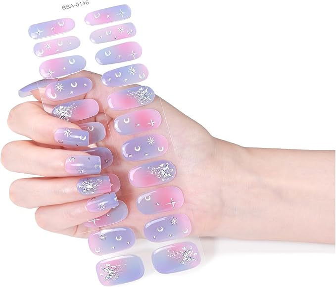 Nail Stickers, Gel Nail Strips with Manicure Tool Kit, 22 Pieces, Long Lasting, Chip Resistant, UV Free, Purple Dusk Dream