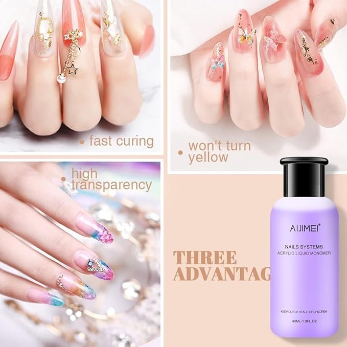 AIJIMEI 58ml Acrylic Liquid Monomer & Nail Brush Cleaner 58ml with 3pcs Nail Brushes, Nail Extension for Acrylic Nail kit