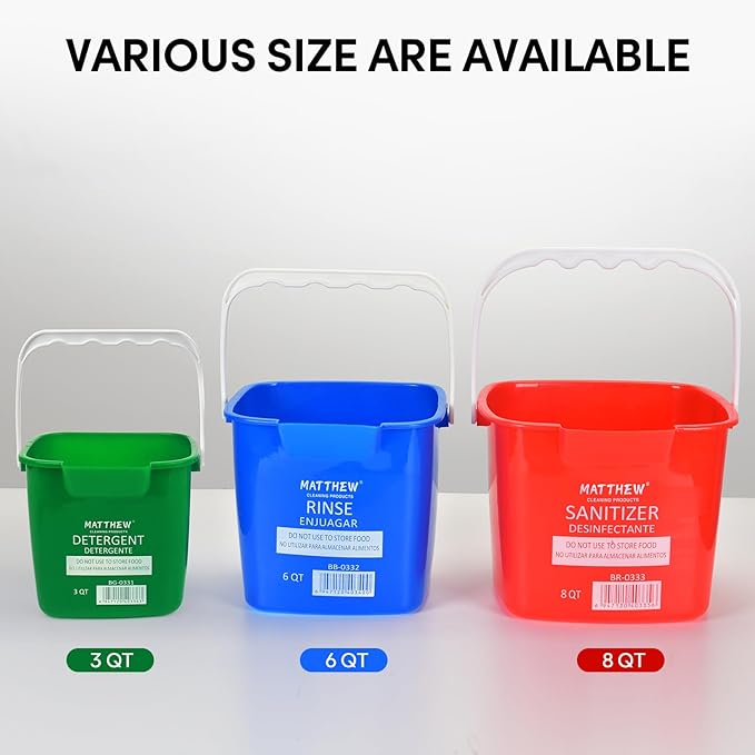 Matthew Detergent&Sanitizing Cleaning Bucket 8 Quart Plastic Pail,Set of 12 Square Containers,Built-in Spout w/Handle,Wash Rinse Sanitize Handwash Bucket for Home Office Commercial Restaurant (Green)