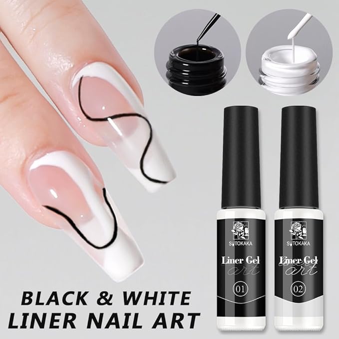 Nail Art Liner Gel Polish Set, 4 Colors Black White Glitter Gold Silver with Thin Brush for Painting Drawing Line Swirl French Tips Gel Polish Curing Requires for Home Salon