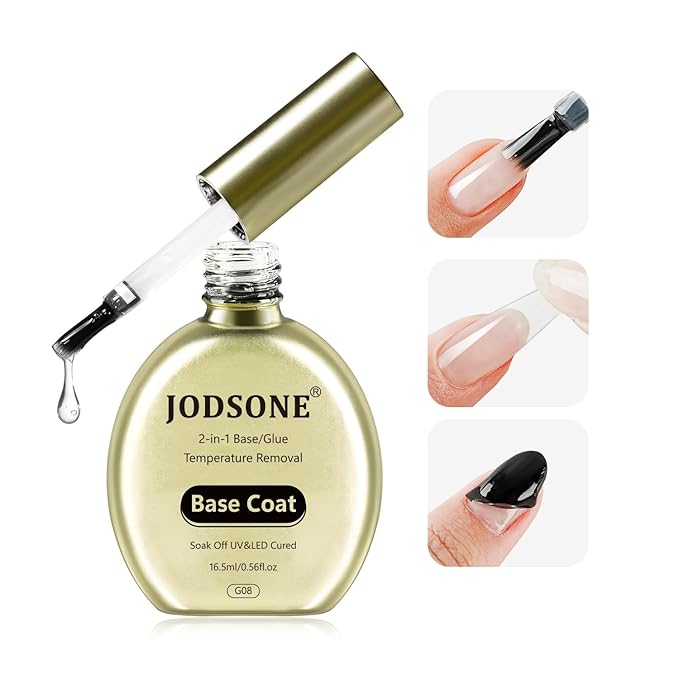 JODSONE 2-in-1 Base Coat – 16.5ml No Wipe, Warmly Removable Foundation for Gel Nail Polish & Tips. U V/LED Cured, Long-Lasting, DIY Use