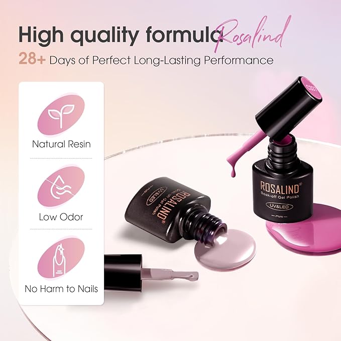 ROSALIND 18PCS Gel Nail Polish Set with Base Top Coat (Glossy Matte and Glitter),14 Colors Pink Red Nude Brown u v Gel Polish Series Soak off Nail Polish Gel Nails Art for Women