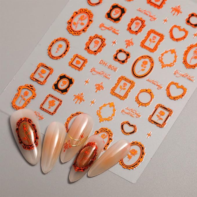 4 Sheets Vintage Nail Stickers for Women, 5D Embossed Frame Nail Decals for Designe Nail Art Supplies Manicure Decoration Accessories