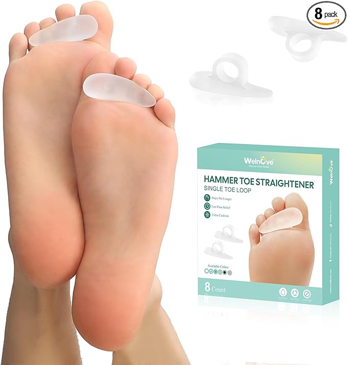 Welnove Hammer Toe Straightener Toe Corrector for Women - 8 Pcs Hammer Toe Cushion Pads for Bent, Crooked, Curled, Claw, and Hammer Toes - Soft Support and Realignment(Clear, One Loop Design)