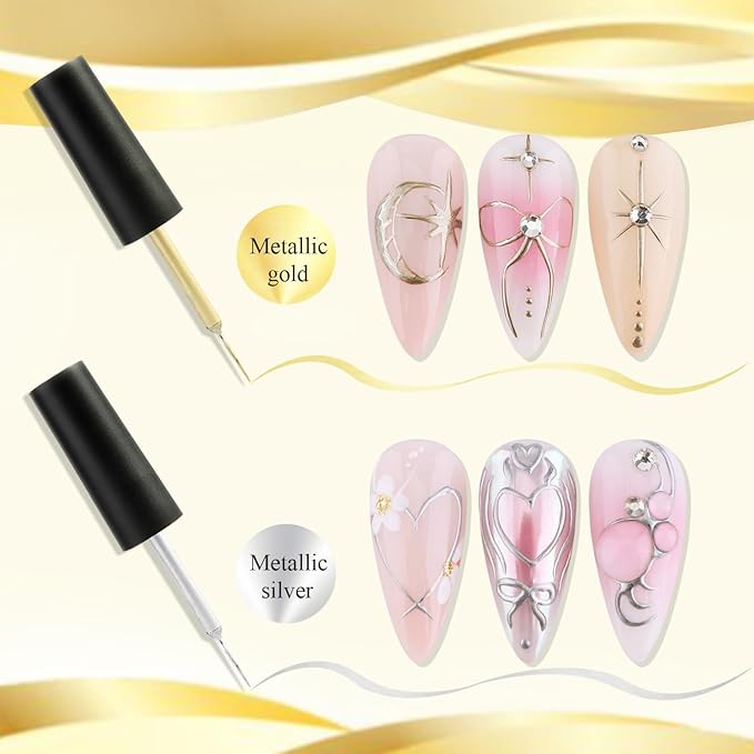 Metallic Gel Nail Polish 2PCS Chrome Gel Liner Nail Art Gold Silver Gel Polish 8ml Mirror Effect Painting Nail Gel with Build in Thin Brush Soak Off UV/LED Nail Polish Manicure Supplies