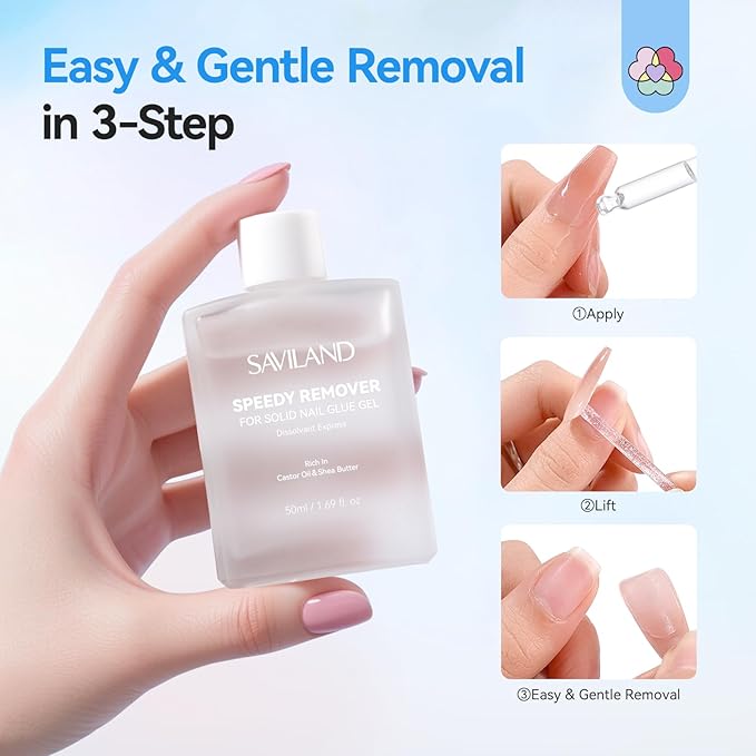 SAVILAND Advanced Nail Glue Remover: 50 ML Solid Nail Glue Gel Remover for Press On Nails Gentle & Easy with Castor Oil VE Gentle Non-Drying Odor-Free Non-Acetone Glue Remover Not for Gel Polish