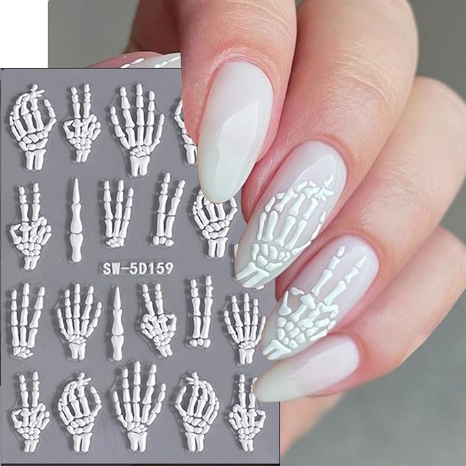 3Pcs 5D Embossed Halloween Nail Stickers Self Adhesive Hand Bone Rose Flower Nail Decals Scary Pink Skeleton Nail Art Stickers Gold White Claw Skull Nails Design Halloween Sticker for Women Manicure