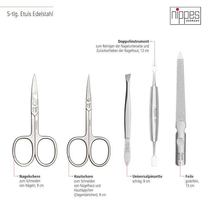 Nippes Solingen Manicure Set, 5-Piece, Stainless Steel and Nickel Free, Genuine Brown Cowhide Leather Case Made In Soligen Germany