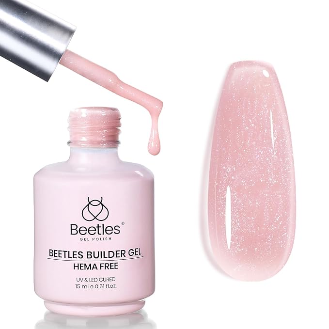 Beetles Builder Gel HEMA Free-Lady with Dreams Glitter Pink 0.51 oz 8 in 1 Nail Thickening Strengthening Building Apex for Beginner DIY Salon at Home, Pink Builder Nail Gel, UV & LED Lamp Cured
