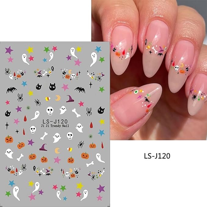 6 Sheets Cute Ghost Nail Art Stickers Halloween Nail Decals 3D Self-Adhesive Spider Bat Pumpkin and Bone Design Nail Sticker Halloween Acrylic Nail Art Decoration for Women DIY Holiday Manicure Tip