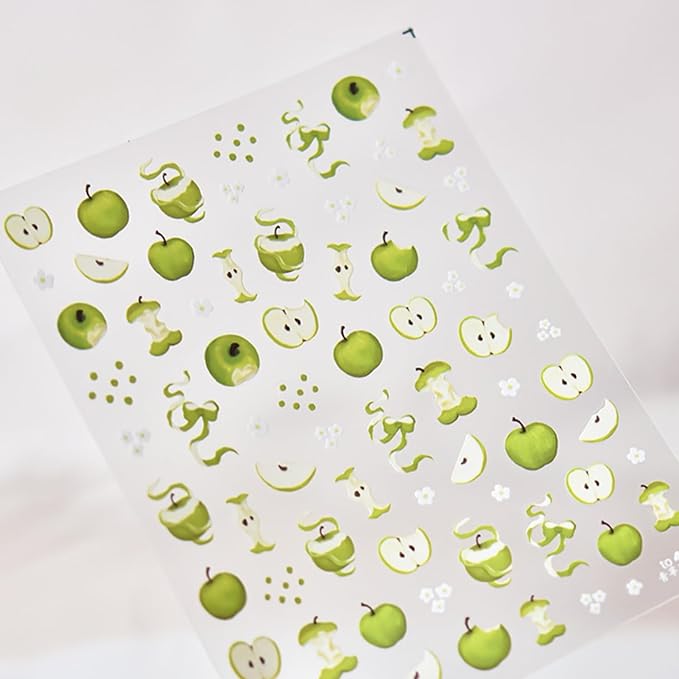 5D Embossed Nail Stickers for Nail Art Green Apple Nail Art Stickers White Flower Nail Decals Self Adhesive Spring Nails Supplies for Women Girls