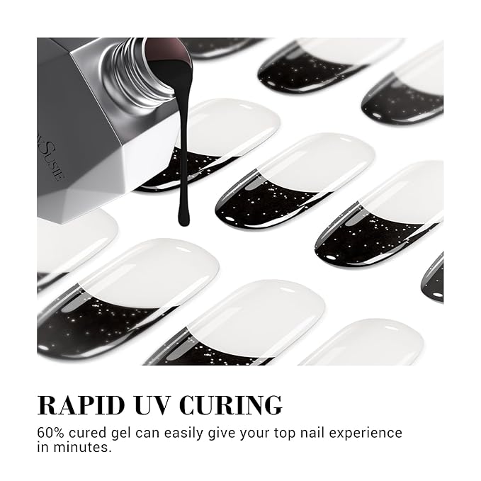 MelodySusie 30PCS Semi Cured Gel Nail Strips (Glitter Black French Tips), Salon Quality, Long Lasting, Easy to Apply and Remove, Includes 2 Prep Pads, Nail File and Wooden Stick