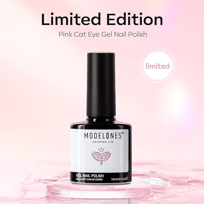 modelones Cat Eye Gel Nail Polish, Pink Glassy 9D Cateye with Magnet Shimmer Soak Off Reflective Translucent Gel Magnetic Top Coat Nail Polish for Women Girl 15 ML