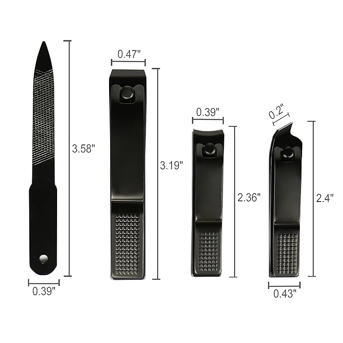 4 Pieces Nail Clippers Set, Ultra Sharp Sturdy Black Stainless Fingernail, Toenail Clipper Cutters and a nial File with Leather Travel Pouch (Black& Yellow Pouch)